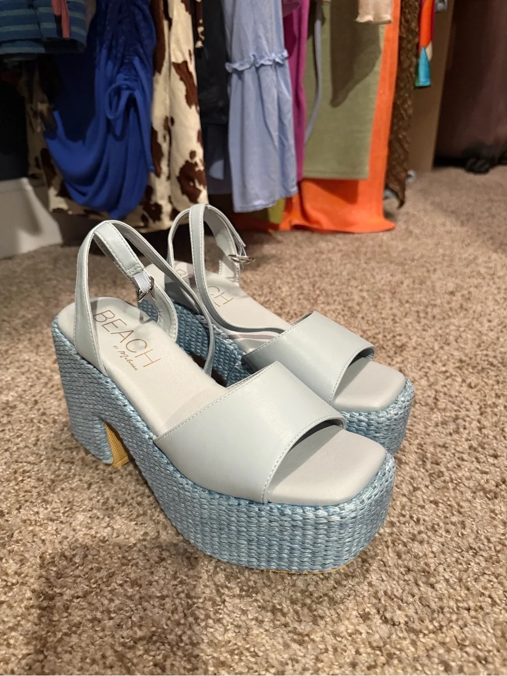 Light Blue Woven Platform Ankle-Strap Sandals - Women